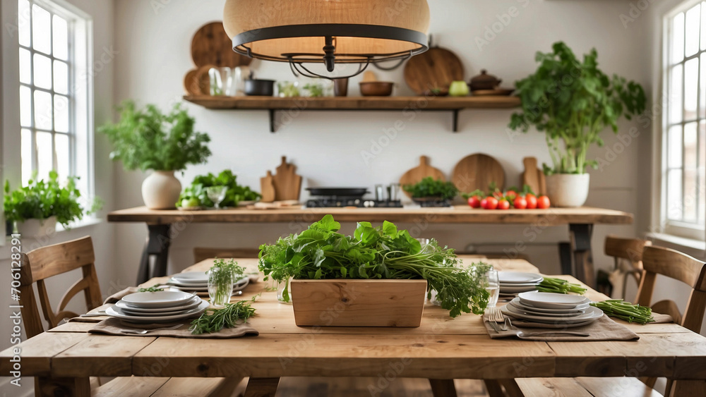 Fototapeta premium Highlight the connection between farmhouse kitchen table and the farm-to-table concept showcase fresh produce, herbs, or homemade meals directly sourced from your garden or local farmers