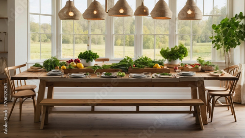 Highlight the connection between farmhouse kitchen table and the farm-to-table concept showcase fresh produce  herbs  or homemade meals directly sourced from your garden or local farmers