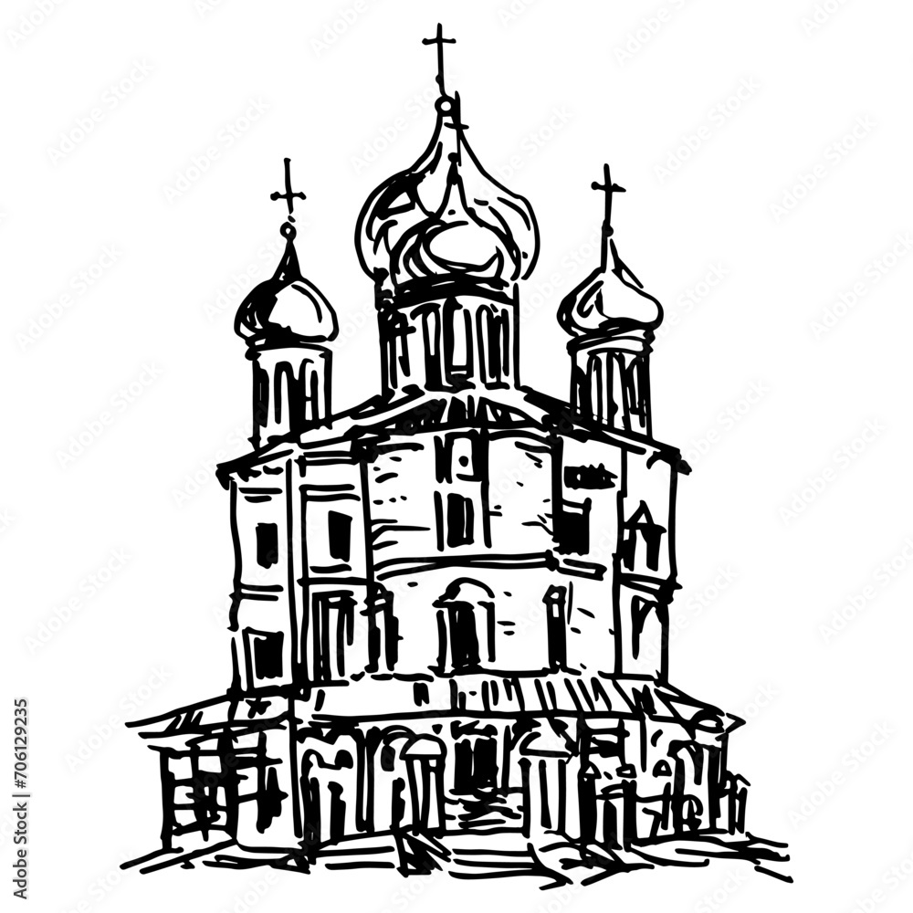Russian Orthodox church. Christian cathedral in Moscow. Hand drawn linear doodle rough sketch. Black and white ink silhouette.
