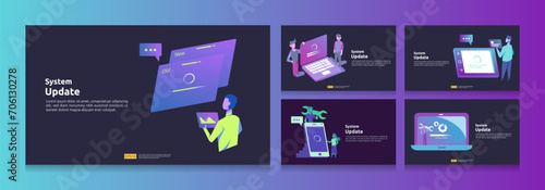 Data synchronize process and installation program. Update progress of operation system bundle set. illustration landing page template, banner, presentation, UI, poster, ad, promotion or print media