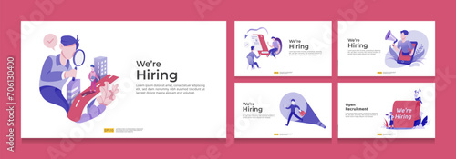 recruitment employer hiring concept with businessman people character. vacancy interview process for social media job template, web landing page, banner HR presentation. Vector illustration bundle set photo