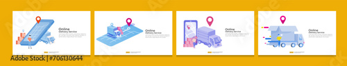 Online delivery service transportation illustration bundle set with warehouse parcel packages and map pin. order tracking, car, logistic cargo via Internet mobile phone or cellphone for landing page