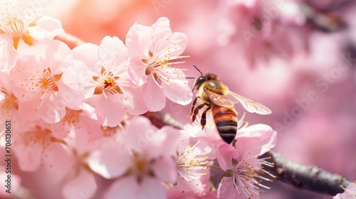 Macro image of a tiny bee pollinating a delicate pink flower on a blooming tree.