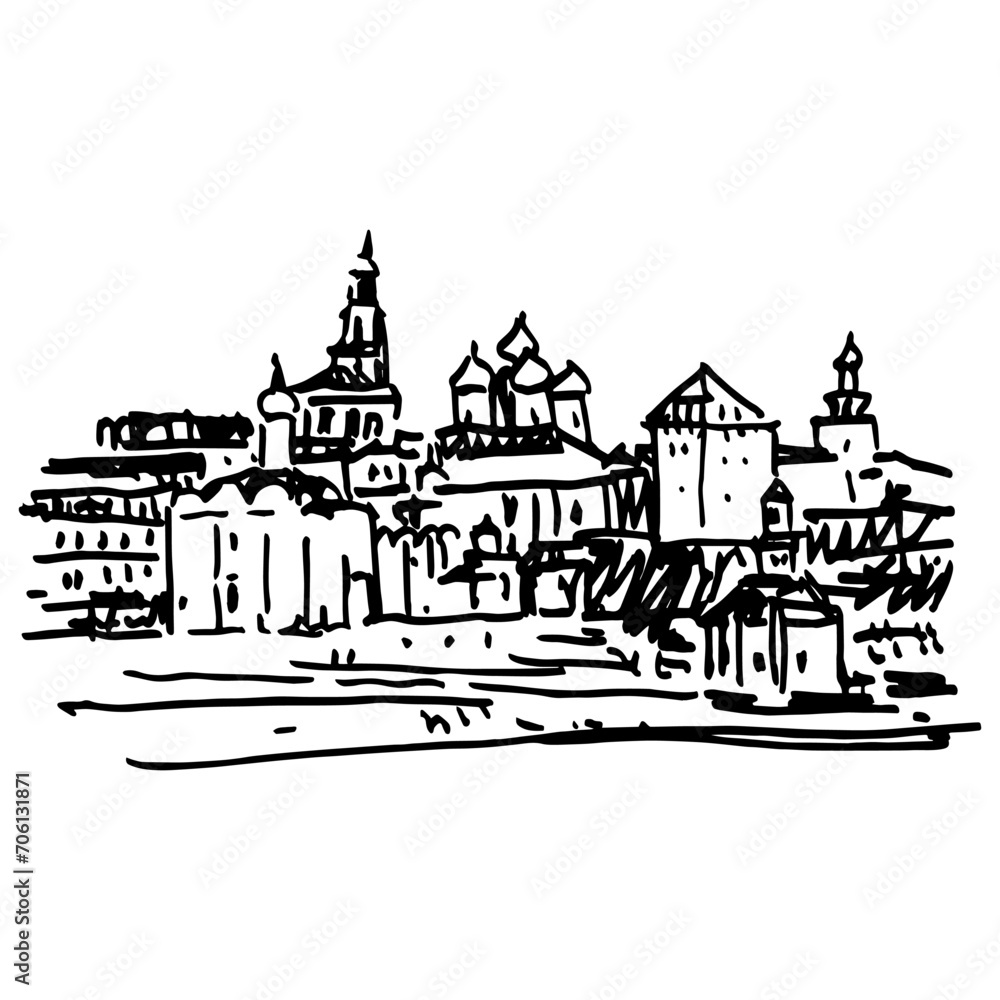 Panorama view of the Trinity Lavra of St. Sergius in Sergiyev Posad. Russian Orthodox monastery. Hand drawn linear doodle rough sketch. Black and white silhouette.