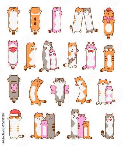 Big cat plush pillow. Long cute toy and characters. Hand drawn style. Vector drawing. Collection of design elements.