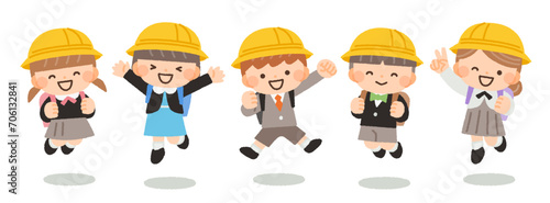 入学式を迎えたジャンプをする子供たちのイラスト素材