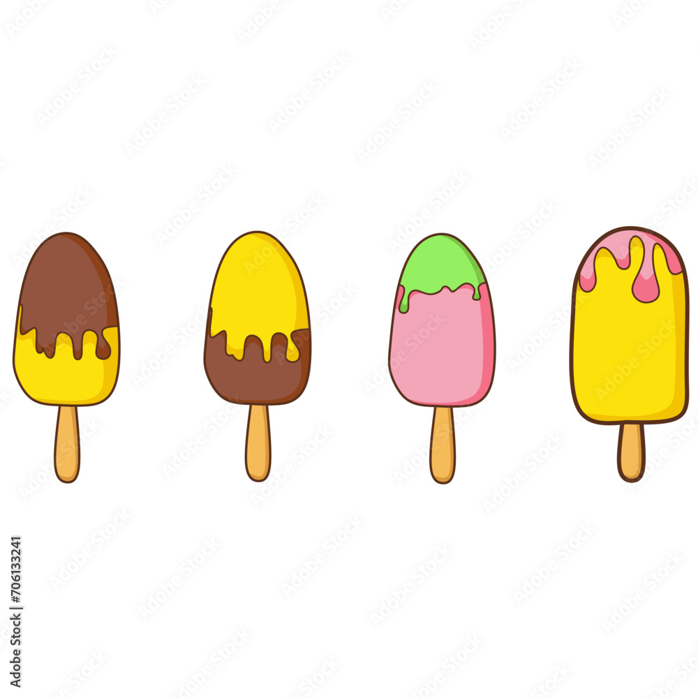 Set of delicious ice cream. Sweet summer delicacy sundae, gelato with different flavors, isolated collection of ice cream popsicles with different toppings. Vector illustration for web, design, print Set of delicious ice cream. Sweet summer delicacy sundae, gelato with different flavors, isolated collection of ice cream popsicles with different toppings. Vector illustration for web, design, print