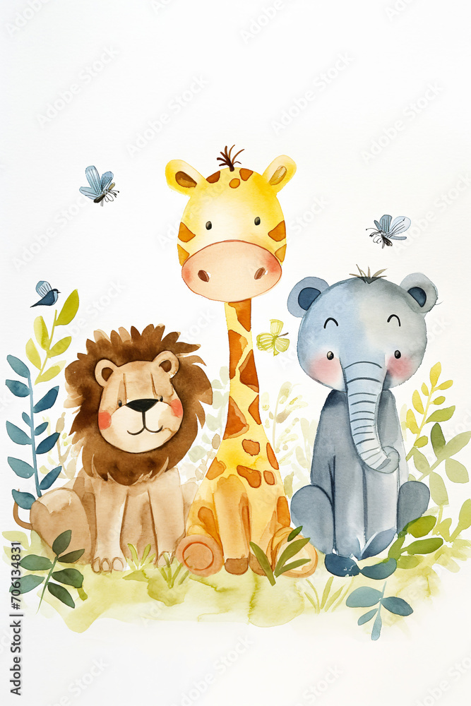baby animal watercolor, nursery, kids