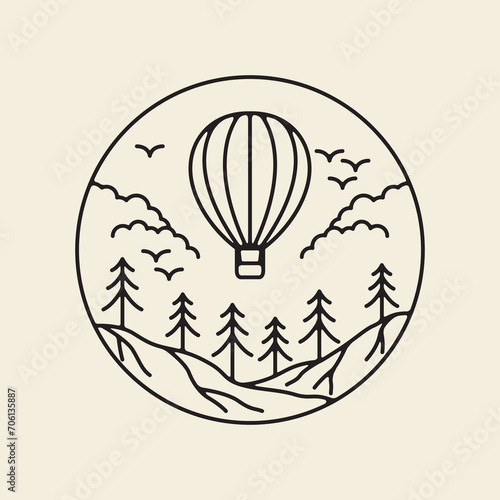 outdoor logo  hot air balloon retro lines  vector icon symbol minimalist design