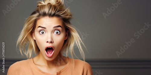 A blonde girl with a surprised look and an open mouth looks at the camera. The concept of strong surprise. Generated by AI. photo