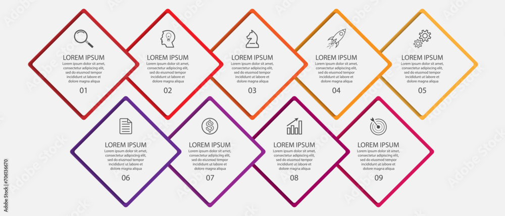 business infographic design 5 parts or steps containing icons, text and numbers, diamond shapes and thin colored lines that are interconnected, for workflow diagrams, banners and your business business infographic design 5 parts or steps containing icons, text and numbers, diamond shapes and thin colored lines that are interconnected, for workflow diagrams, banners and your business
