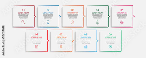 business infographic design 11 parts or steps containing icons, text and numbers, rectangle shapes and thin colored lines that are interconnected, for workflow diagrams, banners and your business