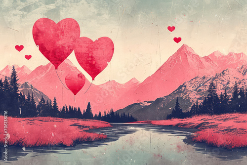 Valentines day horizontal vector background with air ballons in the sky, medow, mountains, river and forest in pink