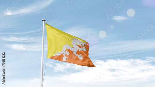 Bhutan national flag cloth fabric waving on the sky - Image