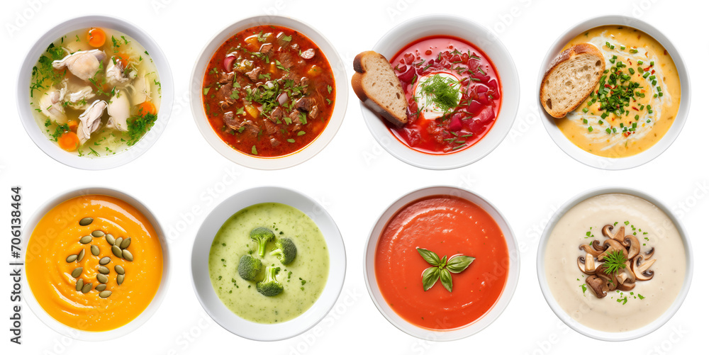 collection of soups, puree soup, broccoli soup, borscht, kharcho, mushroom soup, pumpkin soup, tomato soup, top view collection of soups, puree soup, broccoli soup, borscht, kharcho, mushroom soup, pumpkin soup, tomato soup, top view