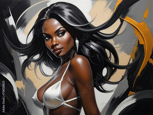 Opulent Black - Above average height dark-skinned delicate woman in glamorous silk lingerie set with playful flirtatious expression against abstract expressionist painting Gen AI