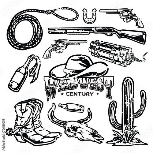 Cowboy vintage illustration set monochrome