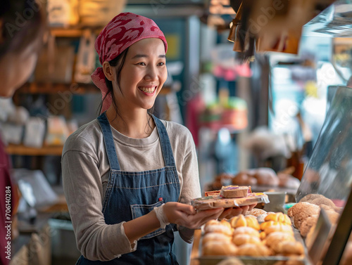 A candid shot of a asian smiling female baker in store