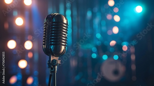 Retro Microphone On Stage With Bokeh Light