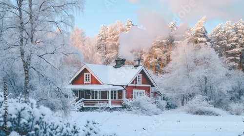 Charming and cozy house in the winter, snow-covered landscape © Samed