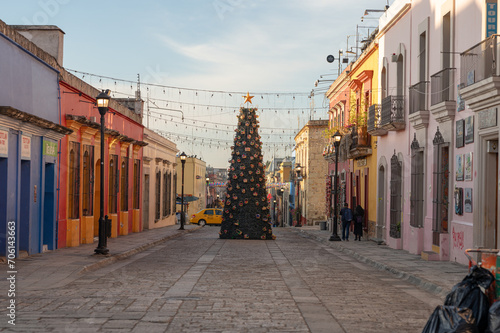 Oaxaca city, Scenic old city streets and colorful colonial buildings in historic city center christmas tree photo