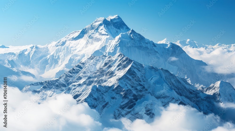 Snow-capped mountains above the clouds, clear blue sky