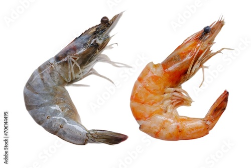 Fresh and boiled shrimp tails isolated. headless prawn, pacific shrimp,  tiger prawns, jumbo seafood on isolated background 