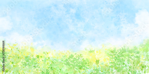 春のお花畑と青空をイメージした背景, ふんわり優しい水彩のイラストレーション photo
