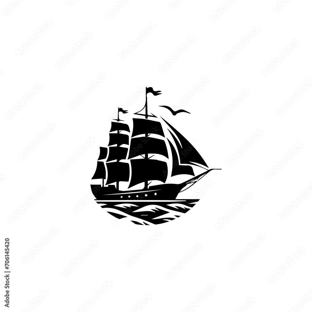 Simple Logo Sailing Ship and Sea Wave black and white Simple Logo Sailing Ship and Sea Wave black and white