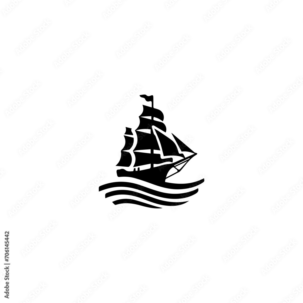 Simple Logo Sailing Ship and Sea Wave black and white Simple Logo Sailing Ship and Sea Wave black and white