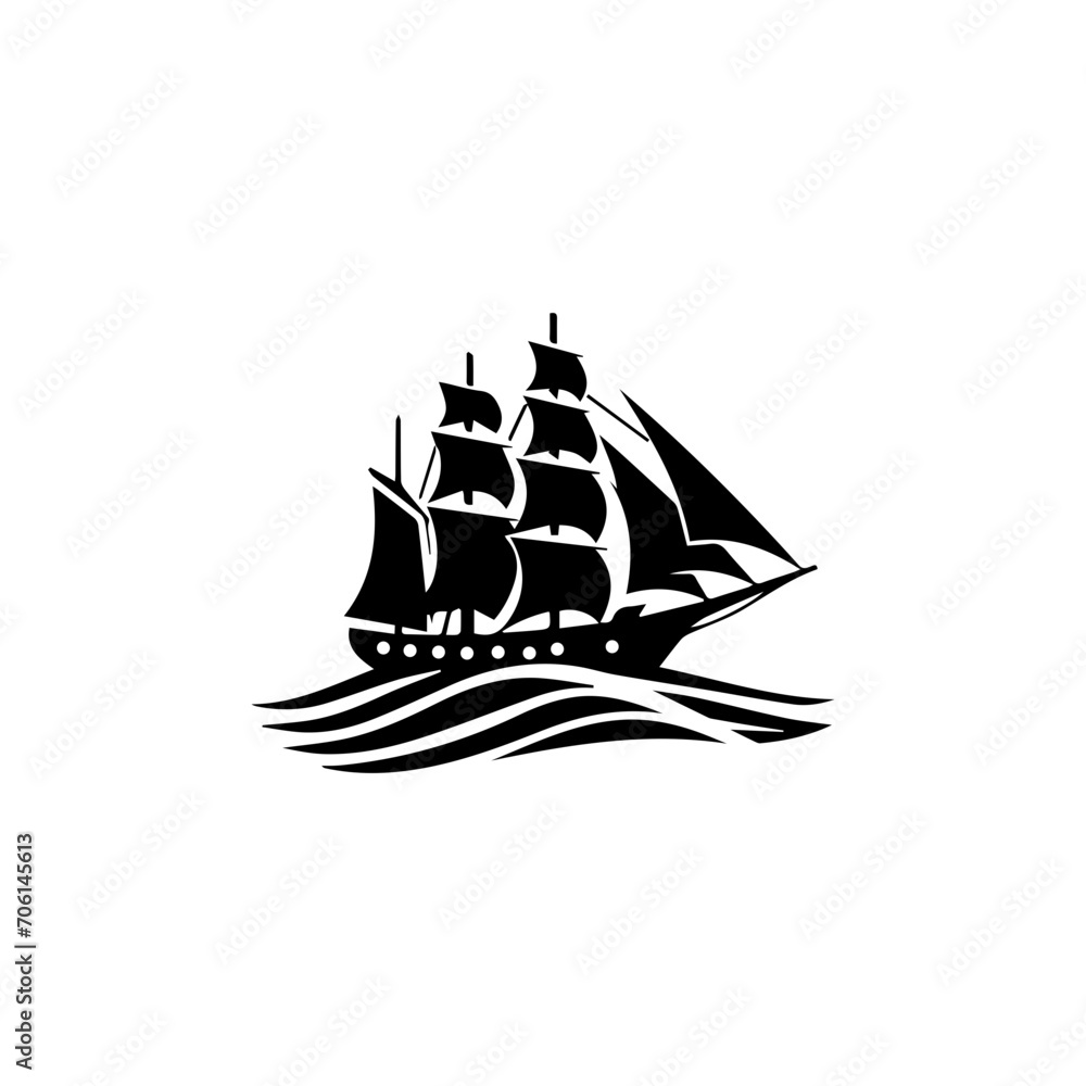 Simple Logo Sailing Ship and Sea Wave black and white Simple Logo Sailing Ship and Sea Wave black and white
