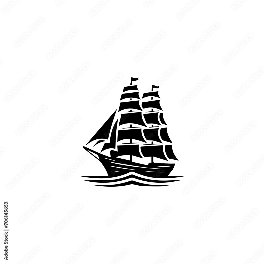 Simple Logo Sailing Ship and Sea Wave black and white Simple Logo Sailing Ship and Sea Wave black and white