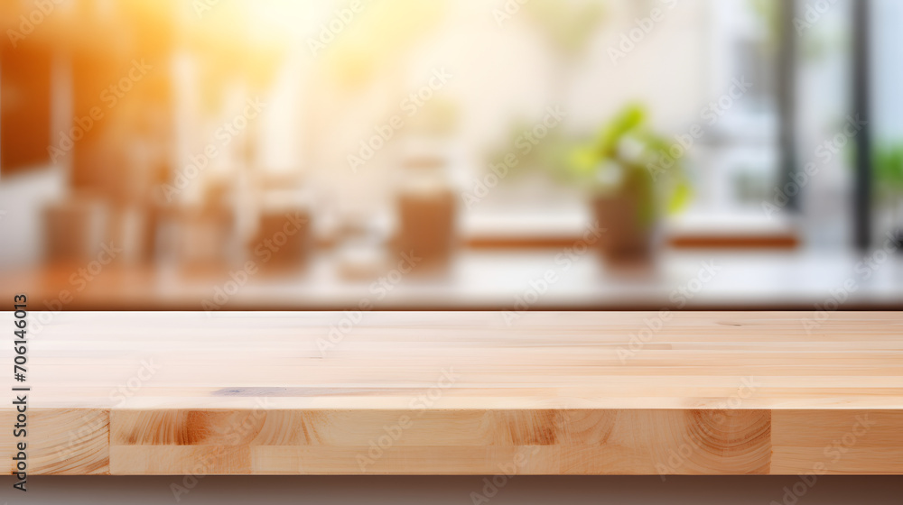 Empty beautiful wood table top counter and blur bokeh modern kitchen interior background in clean and bright,Banner, Ready for product montage. Generative AI illustration Empty beautiful wood table top counter and blur bokeh modern kitchen interior background in clean and bright,Banner, Ready for product montage. Generative AI illustration