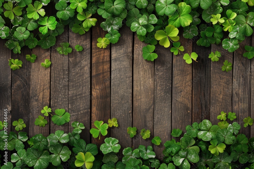 rustic wooden background with a Saint Patrick's Day theme and many wooden slats with shamrock leaves rustic wooden background with a Saint Patrick's Day theme and many wooden slats with shamrock leaves