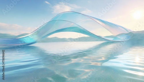 3d renders abstract backgrounds in nature landscapes. Transparent glossy glass ribbon on water.