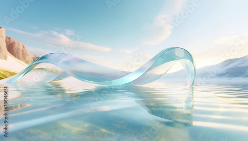 3d renders abstract backgrounds in nature landscapes. Transparent glossy glass ribbon on water.