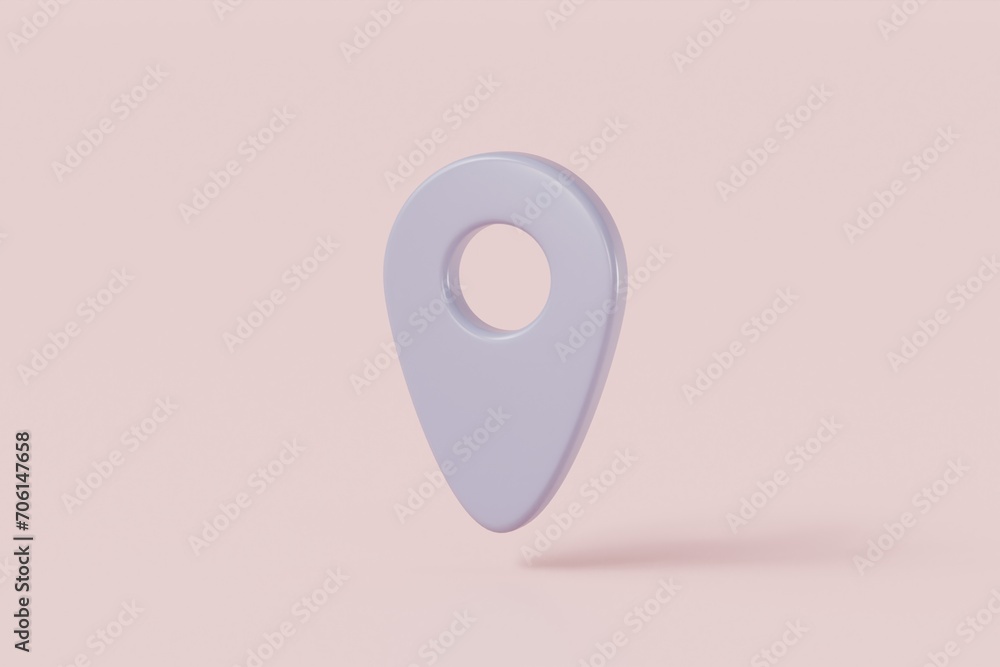 3D Realistic Location purple map pin gaps pointer, map markers for destination. Minimal Cartoon icon design isolated on pink pastel background. 3D Rendering