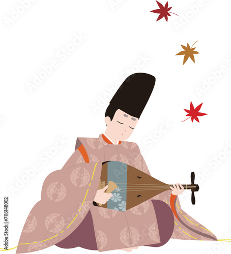 日本の貴族の古典衣裳。秋の紅葉と狩衣で琵琶を弾く男性。平安のイメージのイラスト