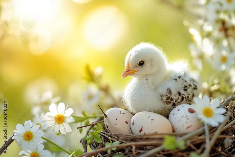 Spring chickens are hatching eggs in the nest,outside world is in a beautiful spring. Happy Easter Spring chickens are hatching eggs in the nest,outside world is in a beautiful spring. Happy Easter