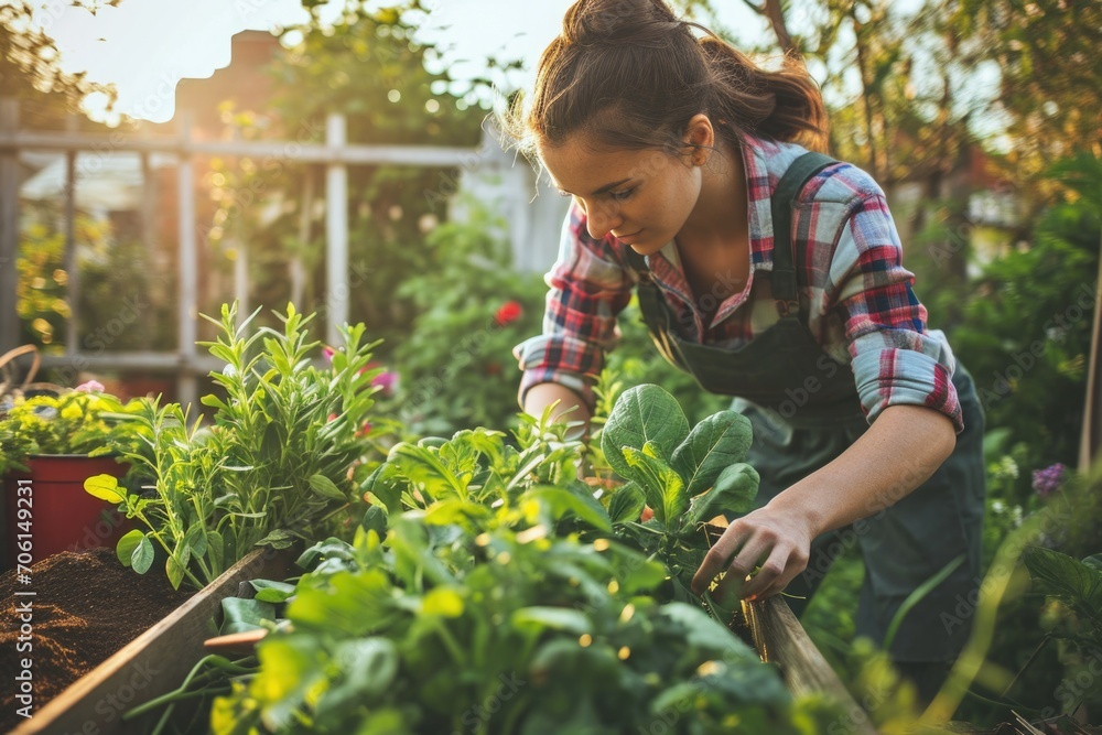 Young caucasian woman tenderly planting herbs in her sunlit garden or backyard, the joy of urban gardening. Slow living concept. Young caucasian woman tenderly planting herbs in her sunlit garden or backyard, the joy of urban gardening. Slow living concept.