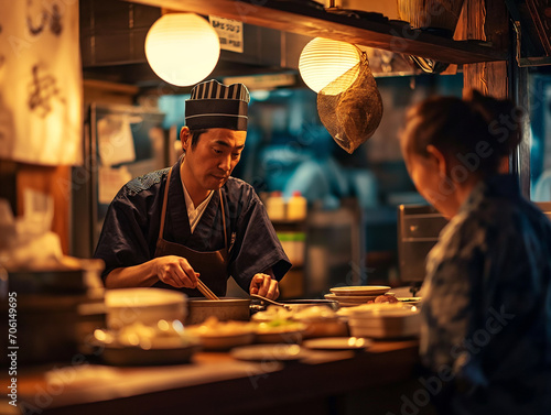 A candid shot of a japanese chef, who's also the shop owner, offering ramen as he hands a customer their order in his ramen restaurant