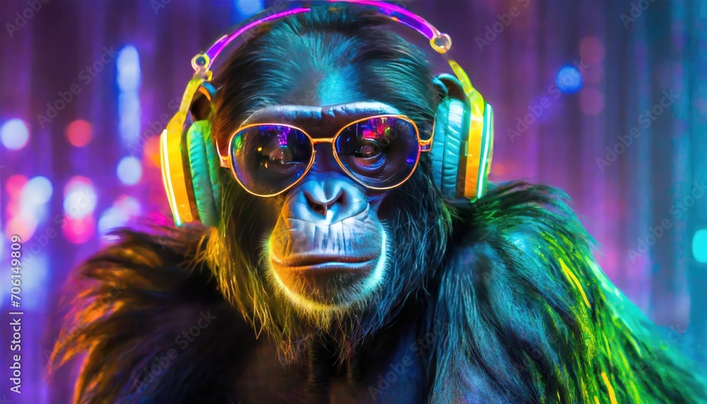 Portrait of a gorilla with headphones and sun glasses.