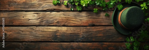 rustic wooden background with a Saint Patrick's Day theme and many wooden slats with shamrock leaves