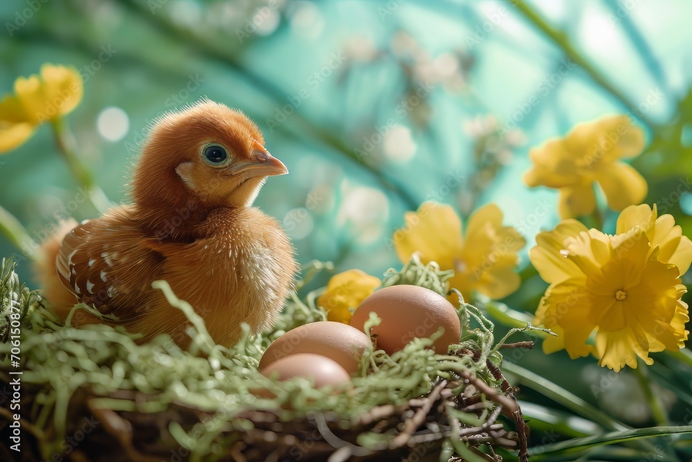 Spring chickens are hatching eggs in the nest,outside world is in a beautiful spring. Happy Easter