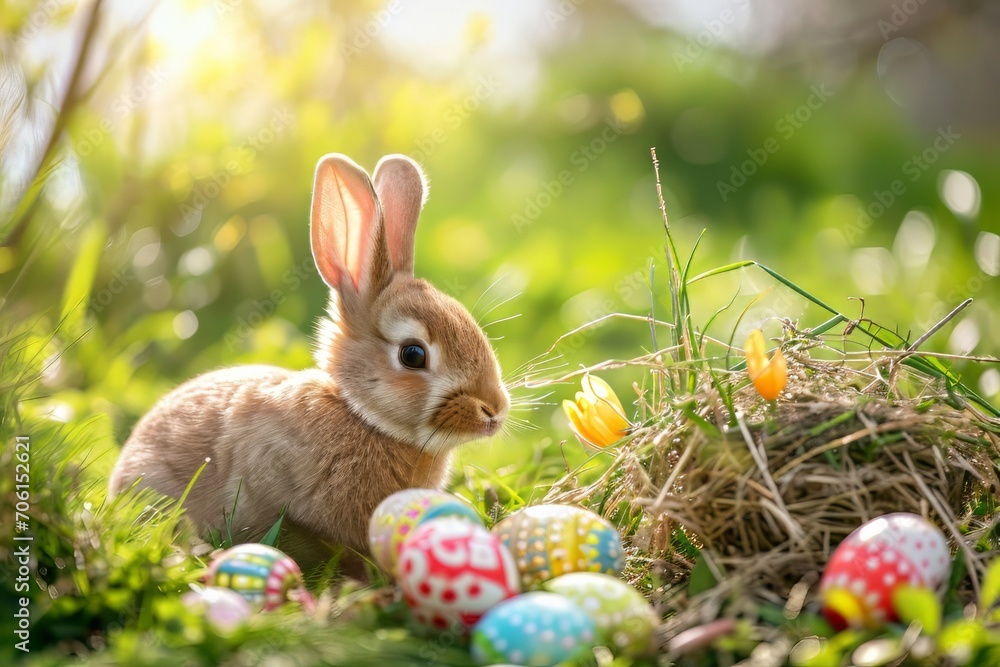 Obraz premium Easter bunnies, colorful eggs, and joyful springtime festivities. Happy Easter
