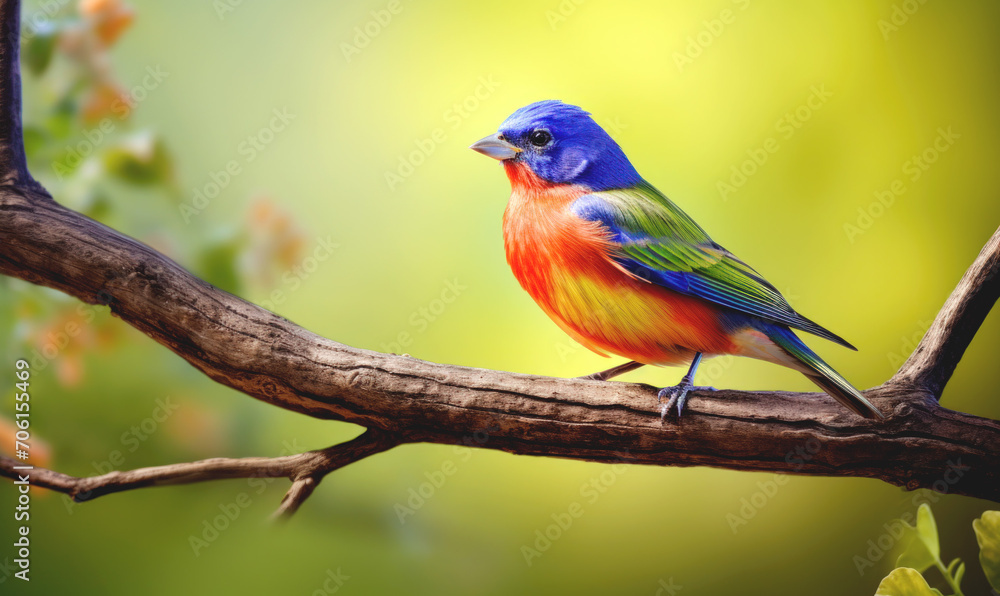 Cute Painted bunting (Passerina ciris) bird on branch