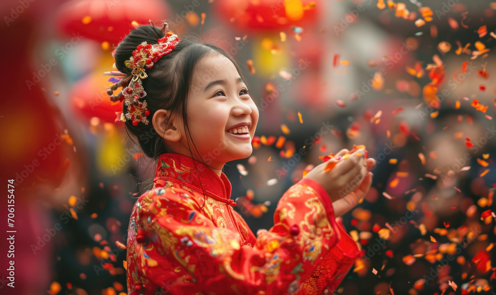 Chinese kid girl with Chinese Happy New year festive Chinese kid girl with Chinese Happy New year festive