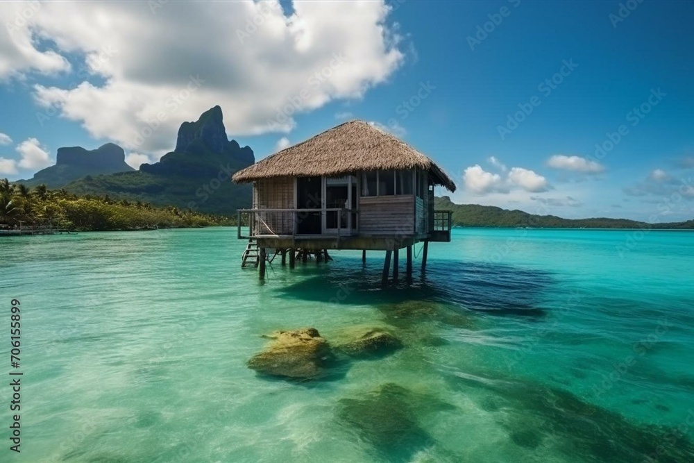 Lakefront house in tropical Bora Bora. Summer holiday vacation idea concept. Generative AI