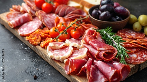 A gourmet charcuterie board arranged with an assortment of sliced meats, cherry tomatoes, and olives, perfect for a luxurious touch to any festive celebration.