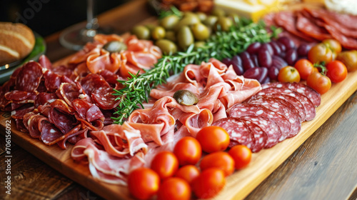 This elegantly arranged charcuterie board boasts a selection of fine meats, ripe cherry tomatoes, and fresh olives, creating a perfect centerpiece for any gathering.
